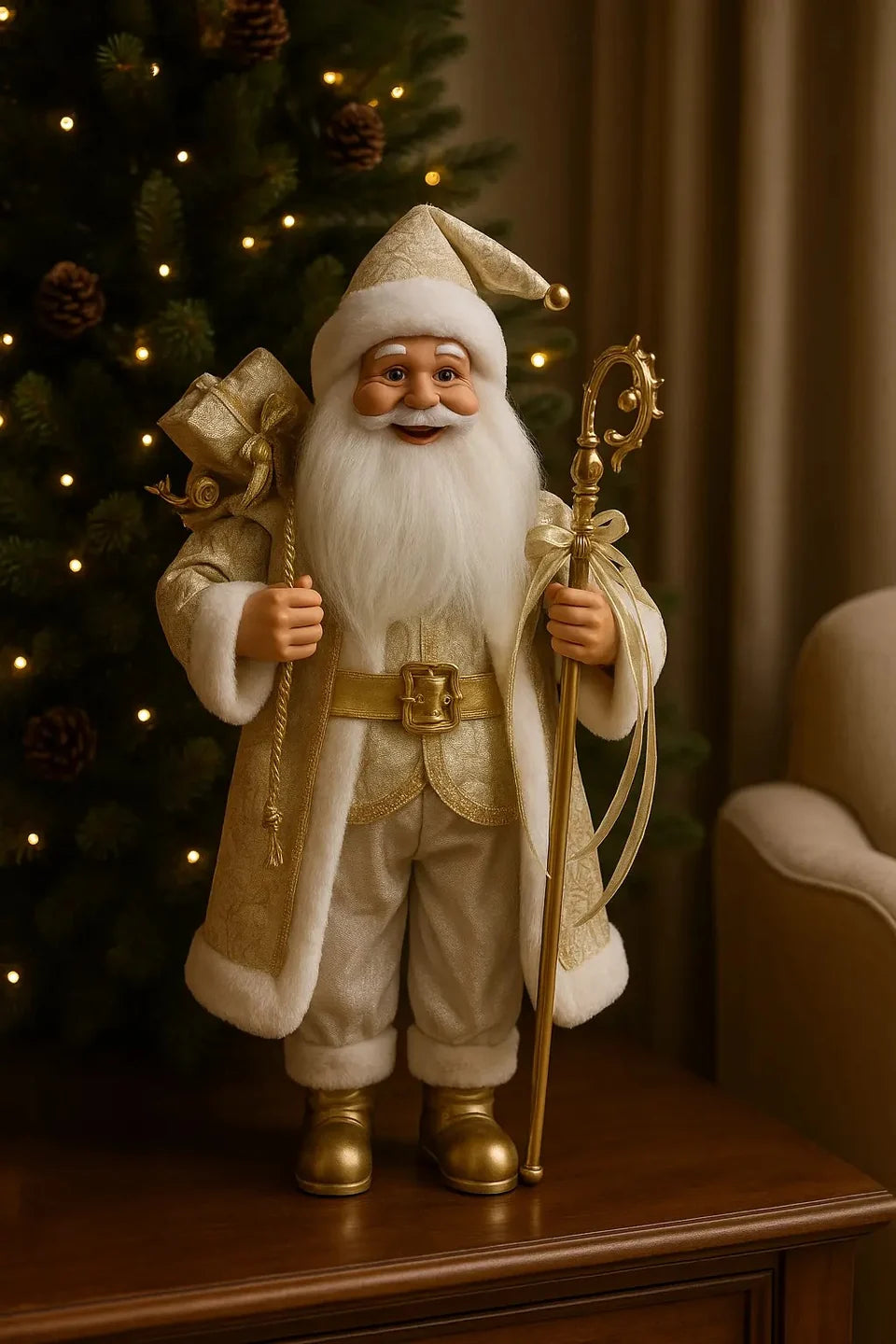 Boneco Papai Noel Branco e Dourado